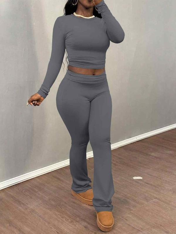 Women's Solid Long Sleeve Crop Top & Flare Leg Pants Two-piece Set, Casual Fashion Cozy Round Neck Top & Bell Bottom Trousers for Daily Outdoor Wear, Women's Clothing for Fall & Winter