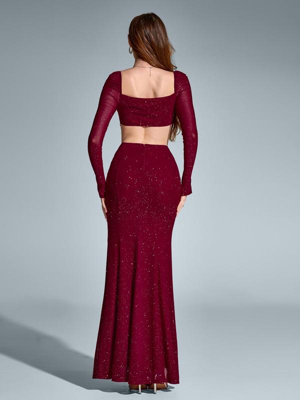 Women's Cut Out Backless Split Thigh Sheer Tulle Party Dress, Elegant Long Sleeve Square Neck Evening Party Gown, Ladies Clothes for All Seasons