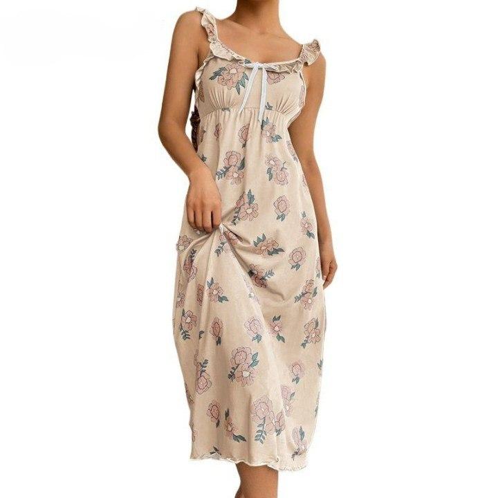 Ruffle Dress Elegant Floral Homedress Chic Slim Gowns Lady Lingerie Gorgeous Women Nightgowns Summer Fashion Retro Nightdress