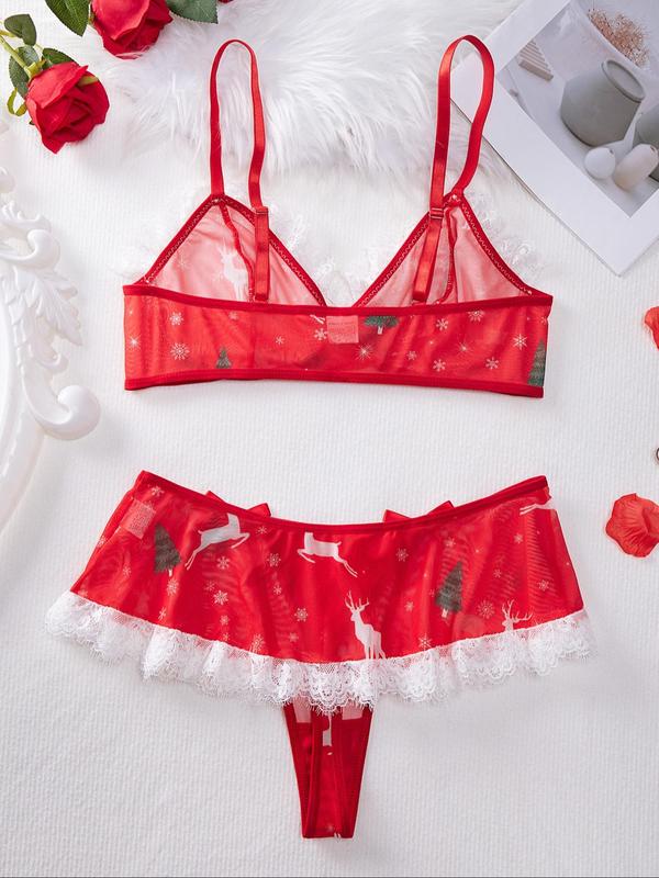 Women's 2pcs Christmas Snowflake Print Contrast Lace Adjustable Strap Bra & Bow Decor Panty Set, Sexy Lingerie Set for Home Wear, Ladies Summer Underwear Set, Women Sexy Lingeries & Costumes