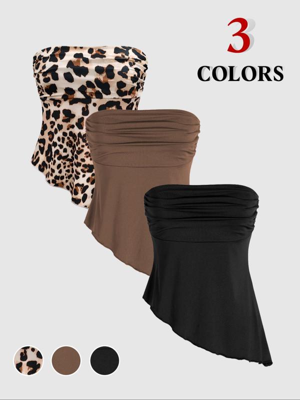 Women's Solid leopard Print Ruched Backless Tube Top, Casual Sleeveless Strapless Top for Summer, Ladies Clothes for Daily Wear