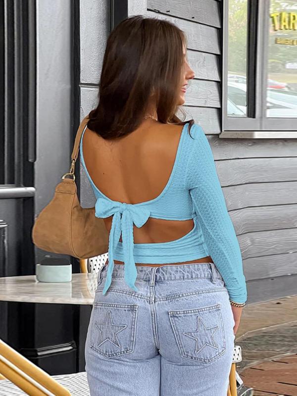 Women's Plain Cut Out Backless Crop Tee, Casual Scoop Neck Long Sleeve Top for Fall, Fashion Women's Knitwear for Daily Wear