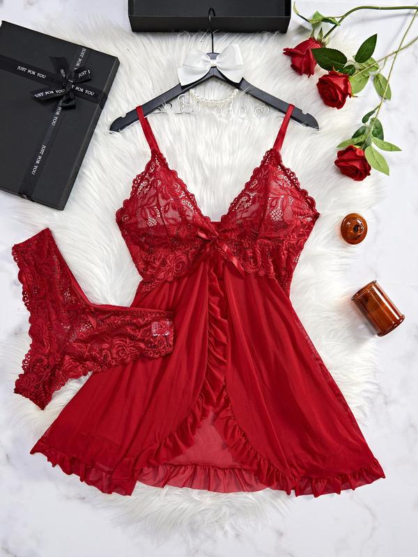 Women's Contrast Lace Bow Decor Sexy Lingerie Set, Romantic Ruffle Trim Split Cami Nightdress & Panty Set, Lingerie for Women, Ladies Nightwear & Sleepwear for All Seasons, Loungewear, Womenswear Homewear
