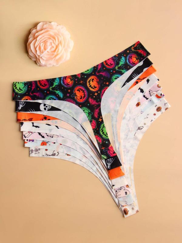 Women's Graphic Print Seamless Thong, Soft Comfy Breathable Halloween Drop Waist Panties for Fall Daily Wear, Fall Underwear for Women, Women's Underwear for All Seasons, Black Girl Wear