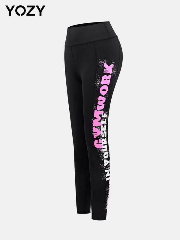 YOZY Women's Letter Print High Waist Leggings, Casual Comfy Breathable Skinny Pants for Daily Wear, Ladies Bottoms for All Seasons