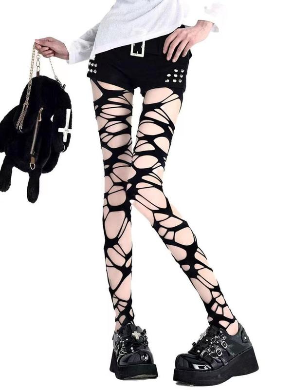 Summer 2024 Women's Minimalist Solid Color Cut Out Tights, 1 Pair Lady Punk Y2k Style Basic Comfy Tights For Party Nightclub, Womenswear, Women's Comfort Pantyhose for Summer