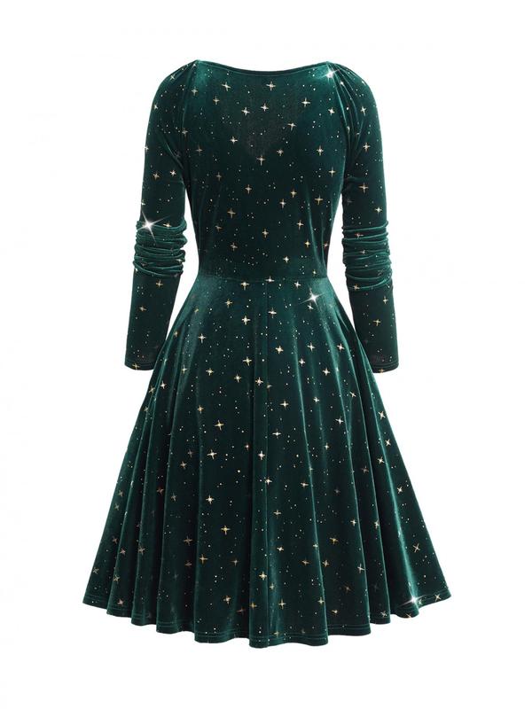 Women's All Over Star Print Wrap Velvet Dress, Elegant Raglan Sleeve V Neck Midi Dress for Party Holiday Wedding Guest, Ladies Fall & Winter Clothes