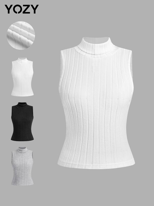 YOZY Women's Solid Mock Neck Ribbed Tank Top, Casual Sleeveless Top for Daily Wear, Ladies Clothes for All Seasons