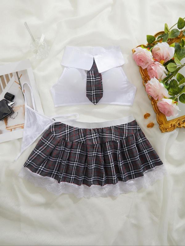Women's Plaid Print Contrast Lace Sexy School Costumes Set for Christmas Party, Fashion Necktie Backless Crop Top & Pleated Skirt & Sheer Thong Set, Women's Lingerie & Underwear for Daily Wear