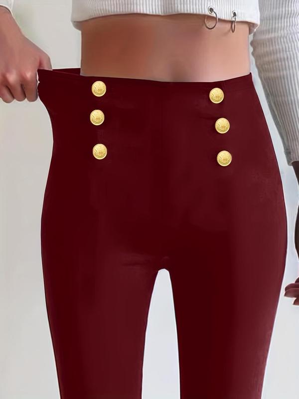 Women's Plain Fake Buttons High Waist Vintage Leggings, Casual Comfy Skinny Pants for Daily Wear, Women's Bottoms for Fall
