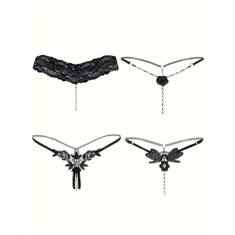4 Pcs Seductive Lace Thongs, Low Waist Open Crotch Sheer G-String With Pendant Pearl, Women's Sexy Lingerie & Underwear