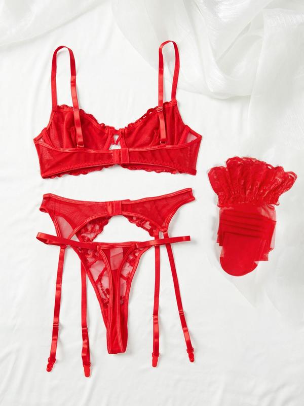 Women's Contrast Lace Sexy Lingerie Set, 2024 New Style Bra & Garter Belt & Thong & Stockings & Gloves Set, Lingerie Set for Women Dainty Gift for Your Love