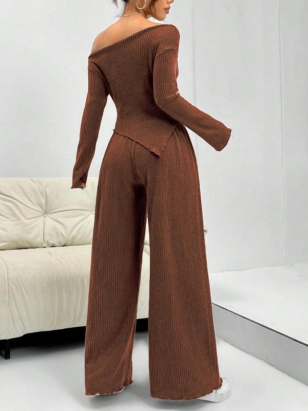 Women's Solid Off Shoulder Asymmetrical Tee & Elastic Waist Pants Two-piece Set, Casual Fashion Cozy Long Sleeve Ribbed Top & Lettuce Trim Trousers for Daily Outdoor Wear, Matching Sets, Women's 2 Piece Co Ord Sets for Spring & Fall