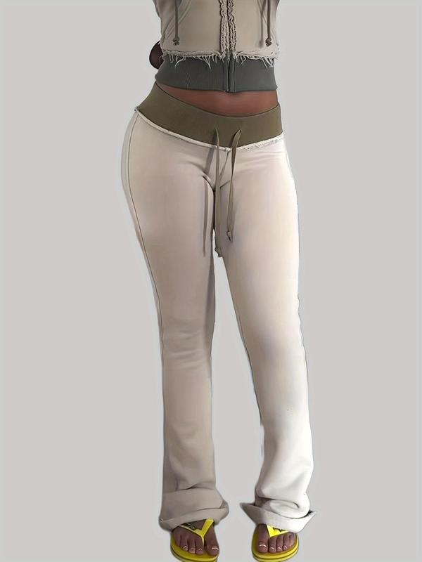 Women's Colorblock Drawstring Waist Flare Leg Pants, Casual Comfy Bell Bottom Trousers for Fall & Winter, Women's Bottoms for Daily Wear