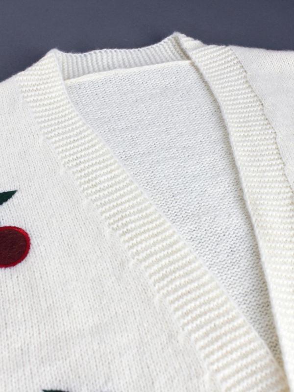 Women's Cherry Embroidery Cable Knit Crop Cardigan, Cute Long Sleeve Open Front Knitwear for Fall & Winter, Fashion Women's Knit Clothing for Daily Wear