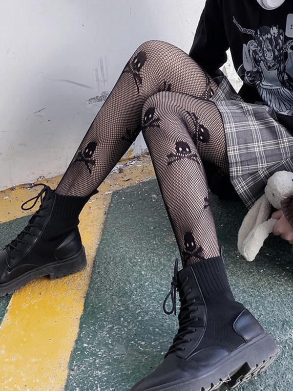 Women's Skull Pattern Fishnet Tights, Gothic Punk Style Sheer Mesh Tights, Sexy Pantyhose for Halloween Cosplay Dance, High Stretch Tights
