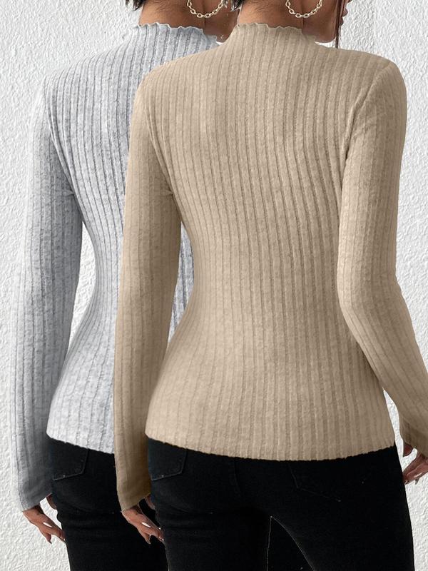 Women's Solid Lettuce Trim Mock Neck Ribbed Skinny Tee, Casual Long Sleeve T-shirt for Spring & Fall, Fashion Women's Knitwear for Daily Wear