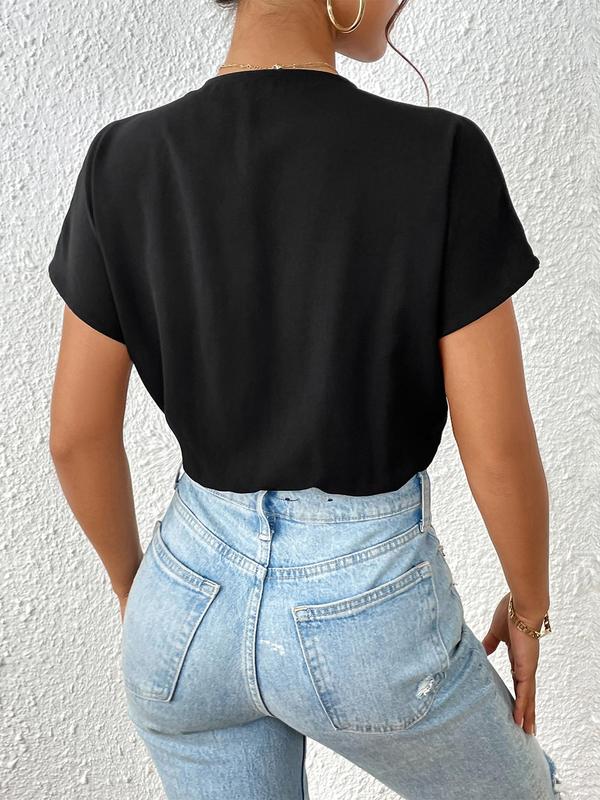 Women's Plain Wrap Batwing Sleeve Bodysuit, Elegant Deep V Neck Short Sleeve Bodysuit, Women's Summer Clothes for Daily Wear