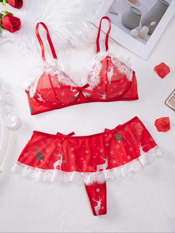 Women's 2pcs Christmas Snowflake Print Contrast Lace Adjustable Strap Bra & Bow Decor Panty Set, Sexy Lingerie Set for Home Wear, Ladies Summer Underwear Set, Women Sexy Lingeries & Costumes