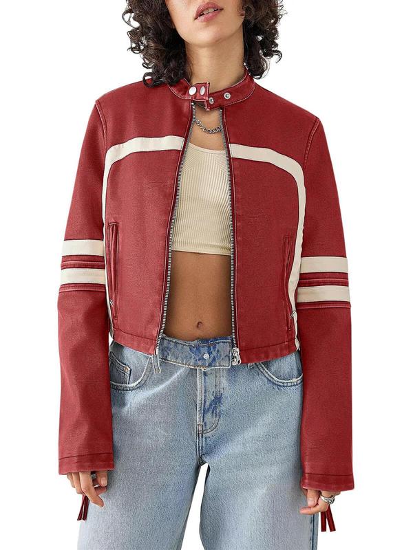 Women's Colorblock Pocket Zip Up PU Jacket, Street Fashion Long Sleeve Button Outerwear for Daily Outdoor Wear, Ladies Clothes for Fall & Winter