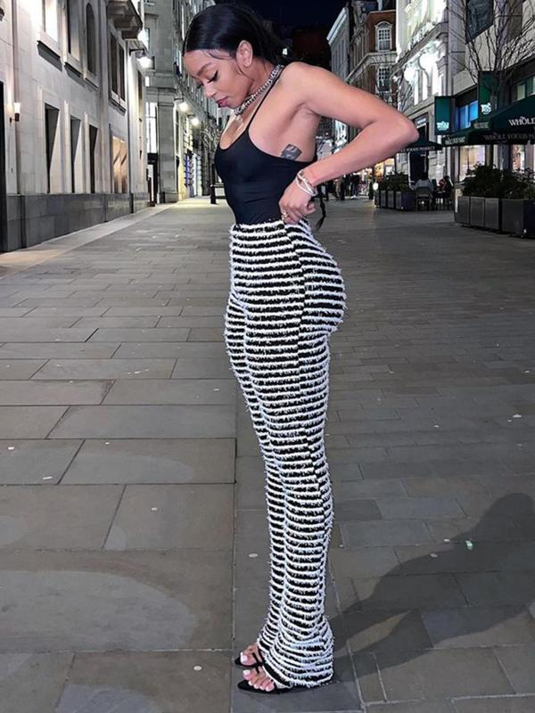 Women's Striped Print High Waist Stacked Pants, Casual Comfy Trousers for Summer, Fashion Women's Bottoms for Daily Wear