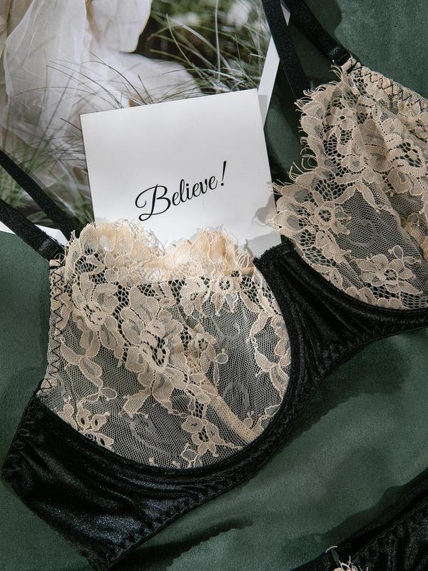 Two-Piece Set Women's Contrast Lace Underwire Bra & High Cut Hollow Out Panty Set, Elegant Soft Comfortable Breathable Underwear Set For Daily Wear, Lingerie Set For All Seasons