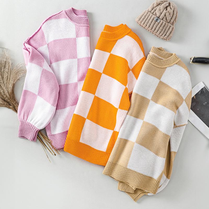 Women Checkered Bishop Sleeve Color Blocked Knitting Sweater, Casual Comfort Fit Casual Wear Round Neck checker Pullover sweater