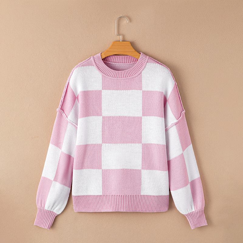 Women Checkered Bishop Sleeve Color Blocked Knitting Sweater, Casual Comfort Fit Casual Wear Round Neck checker Pullover sweater