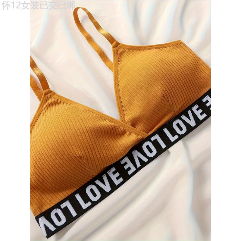 5 Sets Ribbed Fabric Comfortable Casual Lingerie Set, Assorted Colors, Sports Bra With Love Band, Matching Bikini Panties, Women's Daily Wear Womenswear Cotton Bridal Print Bridal Print