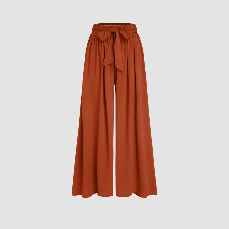 Cider [3 colors, size 2-26] Linen-blend High Rise Bowknot Shirred Wide Leg Trousers
