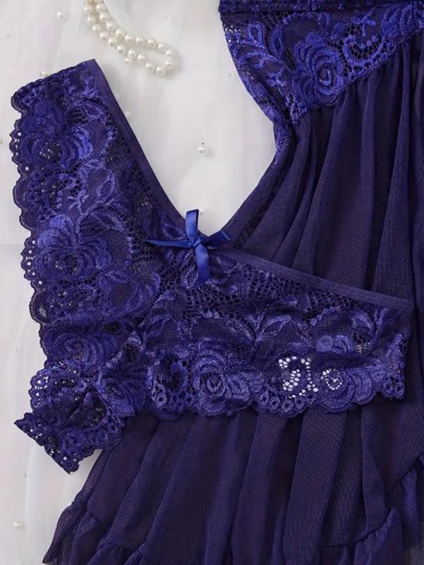 Women's Contrast Lace Ruffle Trim Wrap Cami Nightdress & Bow Front Panty Set, Adjustable Spaghetti Strap Backless Nightgown & Knicker Set, Underwear for Women, Purple Ladies ,2 Piece Sets Women