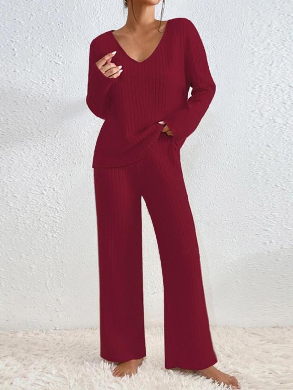 Women's Solid Drop Shoulder Top & Wide Leg Pants Loungewear Two-piece Set, Lady Homewear, Basic Womenswear, Casual Comfy V Neck Longsleeves Top & Trousers Pj Set, Pajama Sets Women, Ladies Sleepwear for Spring & Fall, Fall Wear, Fallfreshness