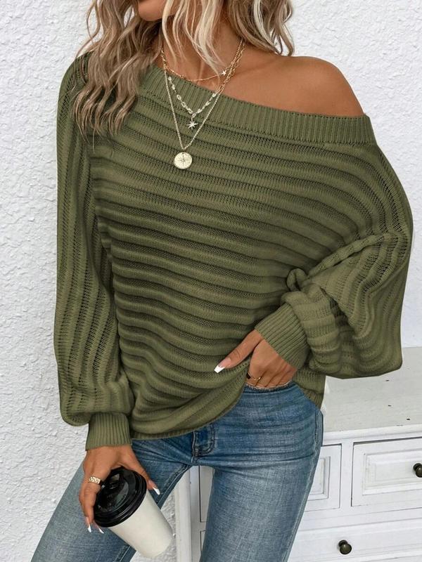 Women's Textured Asymmetrical Neck Sweater, Casual Long Sleeve Batwing Sleeve Jumper for Daily Outdoor Wear, Ladies Knit Top for All Seasons Fall Outfits 2024 Fall Outfits