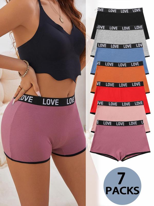 Lgbtq+ Women's 7pcs Letter Tape Contrast Binding Ribbed Boxer Brief,  Underwear for Women, Summer Wear 2024, Soft Comfy Breathable Panty for Daily Wear, Underwear for All Seasons