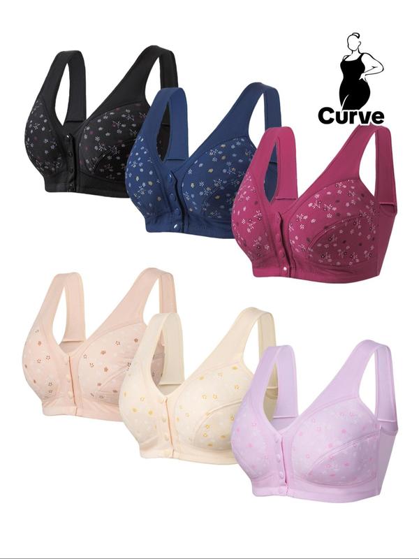 Plus Size 6pcs Floral Print Button Front Bra, Casual Soft Comfortable Breathable V Neck Bralette, Women's Underwear for All Seasons