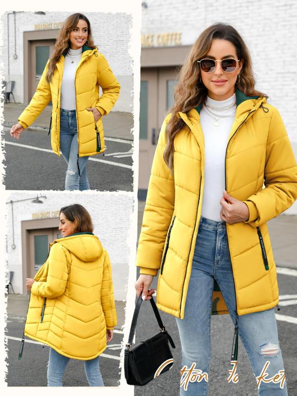 Women's Solid Drawstring Pocket Zip Up Hooded Quilted Jacket, Casual Tops, Long Sleeve Outerwear for Fall & Winter, Ladies Clothes for Daily Wear