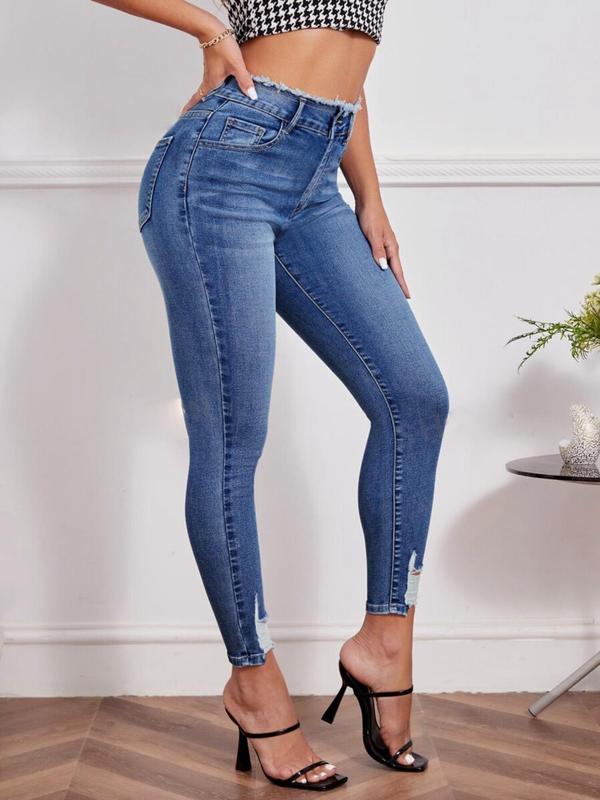 Vintage Women's Plain Ripped Button Pocket Skinny Jeans, Fashion Casual Comfort Raw Hem Denim Trouser for Daily Outdoor Wear, Ladies Bottoms for All Seasons, Womenswear