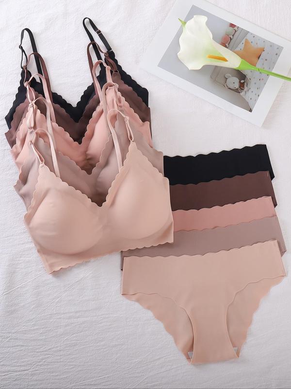 Women's Solid Color Removable Padded Bra & Knicker Set, Casual Comfy Breathable Scallop Trim Lingerie Set for Daily Wear, Underwear Set for Women