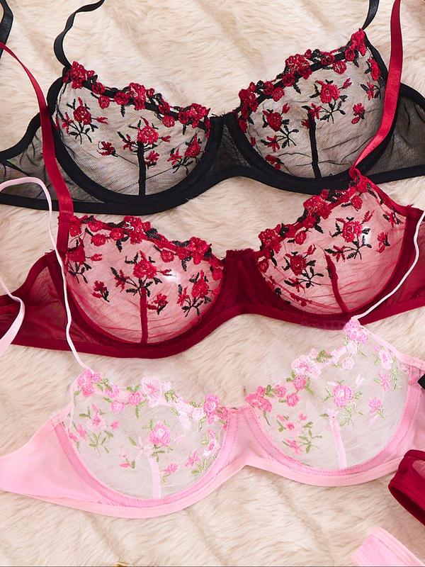 Women's Floral Embroidery Sheer Mesh Underwear Set, Sexy Adjustable Strap Push Up Bra & Thong Set, Breathable Lingerie Set for Women