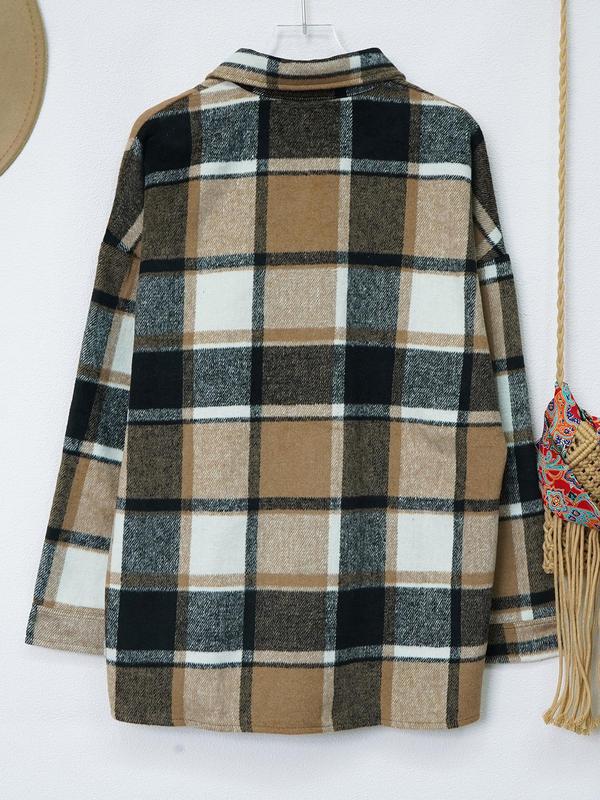 Women's Plaid Print Button Front Drop Shoulder Coat, Casual Long Sleeve Collared Outerwear for Fall & Winter, Ladies Clothes for Daily Wear