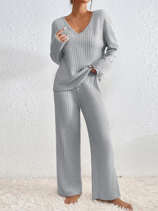 Women's Solid Drop Shoulder Top & Wide Leg Pants Loungewear Two-piece Set, Lady Homewear, Basic Womenswear, Casual Comfy V Neck Longsleeves Top & Trousers Pj Set, Pajama Sets Women, Ladies Sleepwear for Spring & Fall, Fall Wear, Fallfreshness