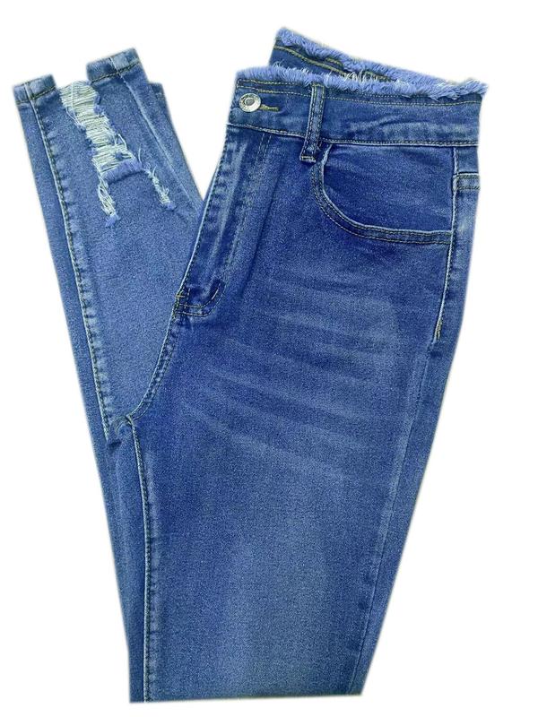 Vintage Women's Plain Ripped Button Pocket Skinny Jeans, Fashion Casual Comfort Raw Hem Denim Trouser for Daily Outdoor Wear, Ladies Bottoms for All Seasons, Womenswear