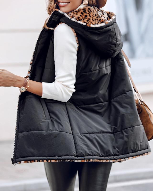 ChicMe Women's Reversible Leopard Pattern Vests Sleeveless Fleece Lined Jacket Zip Up Hoodie Pockets Long Warm Winter Coat Casual Womenswear