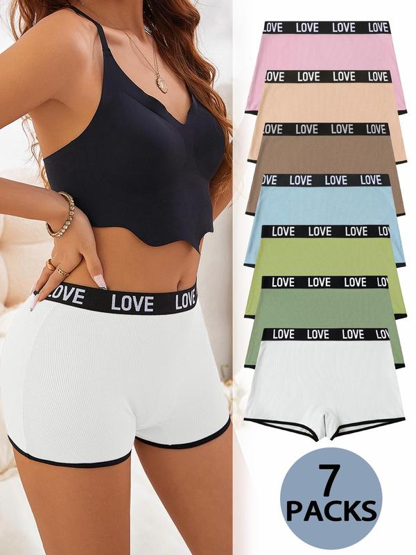 Lgbtq+ Women's 7pcs Letter Tape Contrast Binding Ribbed Boxer Brief,  Underwear for Women, Summer Wear 2024, Soft Comfy Breathable Panty for Daily Wear, Underwear for All Seasons