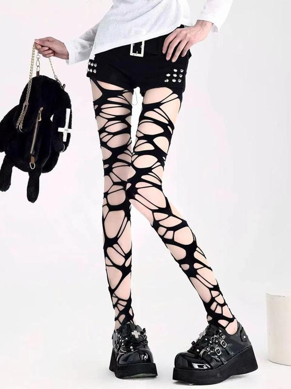 Summer 2024 Women's Minimalist Solid Color Cut Out Tights, 1 Pair Lady Punk Y2k Style Basic Comfy Tights For Party Nightclub, Womenswear, Women's Comfort Pantyhose for Summer