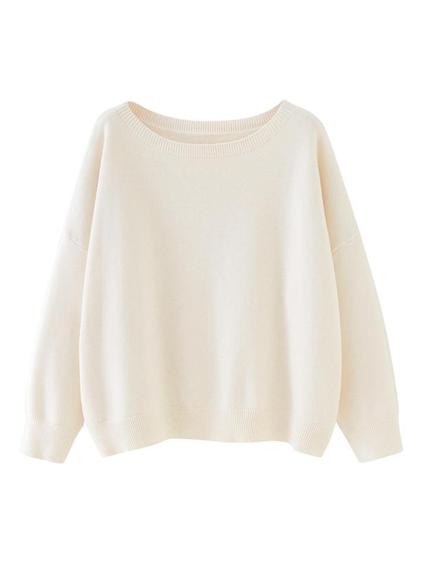 Women's Chic Plain Scoop Neck Knitted Long Sleeve Sweater, Lady Basic Comfort Drop Shoulder Crewneck Knitting Back To School Jumper, Fall Clothes, 2024 Knitwear Clothes, Womenswear, Fall Outfits, Earthtone Fallfreshness, Vintage Clothing