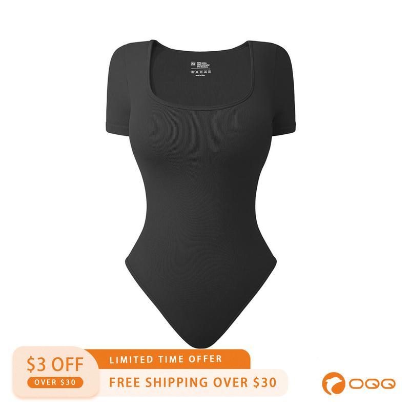 OQQ Women's Sexy Ribbed Square Neck Bodysuit with Short Sleeves - 2 Pack - Underwear, Comfort