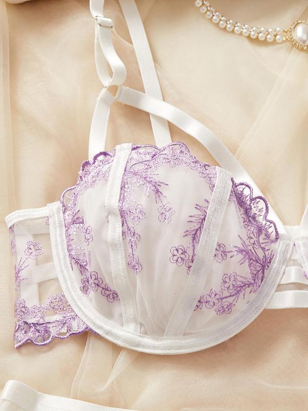 Women's Contrast Floral Lace Sheer Lingerie Set, Sexy Scallop Trim Bra & Thong & Garter Belt Set, Lingerie Set for Women