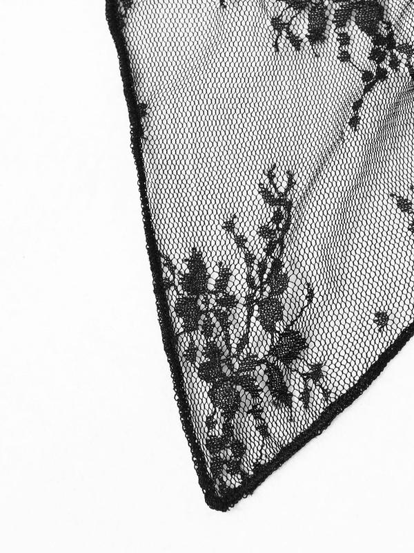 Women's Ditsy Floral Lace Sheer Lettuce Trim Crop Cami Top, 2000s Y2K Asymmetrical Hem Drawstring Tie Front Top, Ladies Clothes for Summer