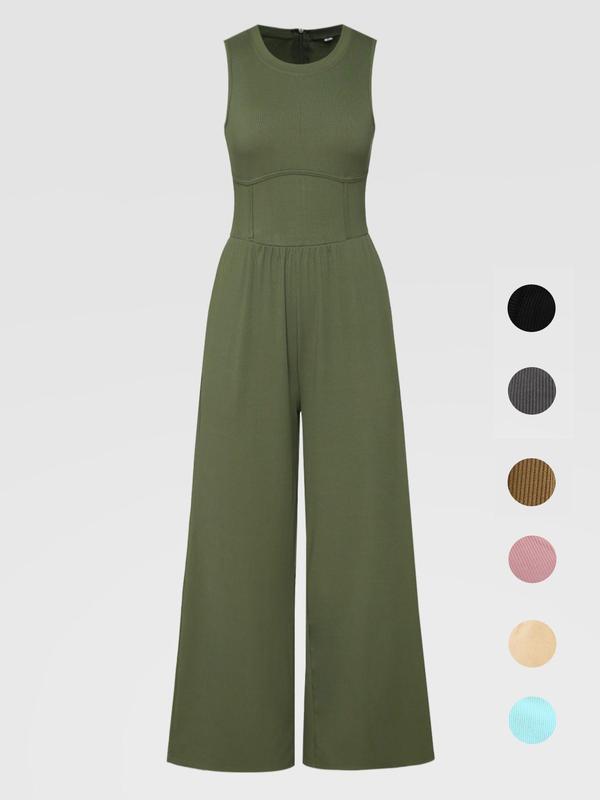 Women's Plain Pocket Zipper Round Neck Tank Jumpsuit, Casual Sleeveless Crew Neck Wide Leg Jumpsuit, Back To School Outfits, Summer Outfits 2024, Apple Shape Outfits, Ladies Clothes for Daily Wear